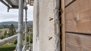 Nid de guêpes dans un mur en 2026 : trou d'envol repéré entre un enduit et un bardage bois