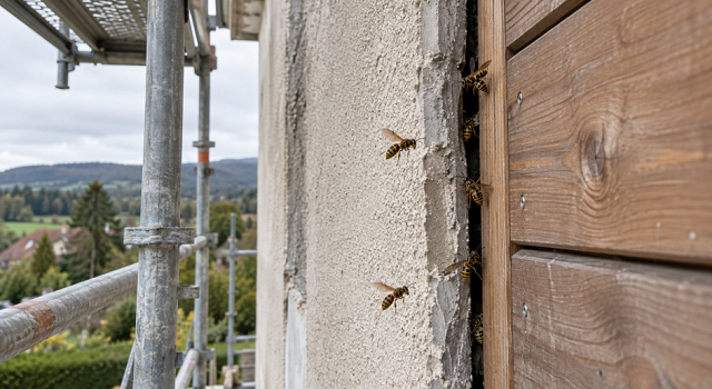 Nid de guêpes dans un mur en 2026 : trou d'envol repéré entre un enduit et un bardage bois